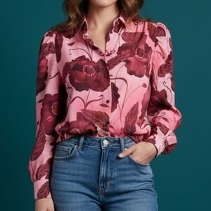 RACHEL Rachel Roy Floral Candy Pink Neru Puff Sleeve Button Down Shirt